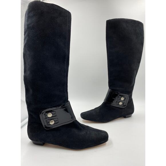 Michael Kors Emily Black Suede Leather Boot Patent Ankle Strap Sz 6.5 Equestrian - Picture 3 of 11